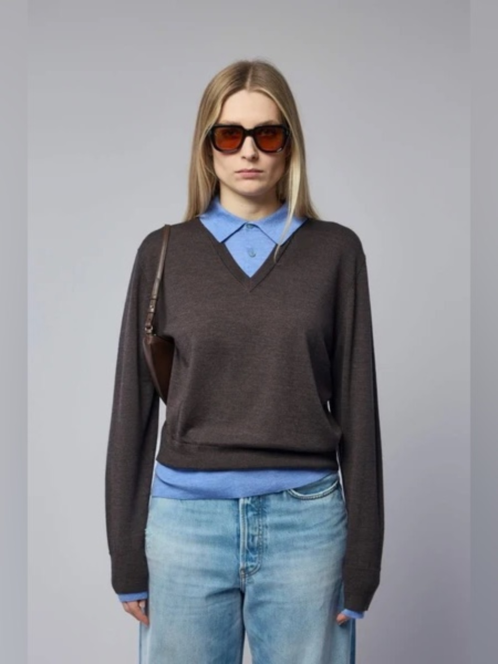 Acne Studios Kascha V-Neck Layered Polo Sweater Pullover, Brown and Blue